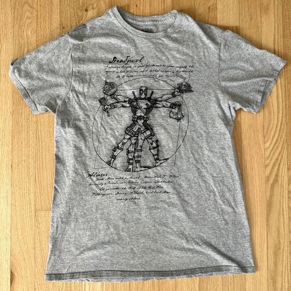 Marvel Deadpool Vitruvian Man Diagram Grey Short Sleeve Shirt size M - Picture 2 of 4